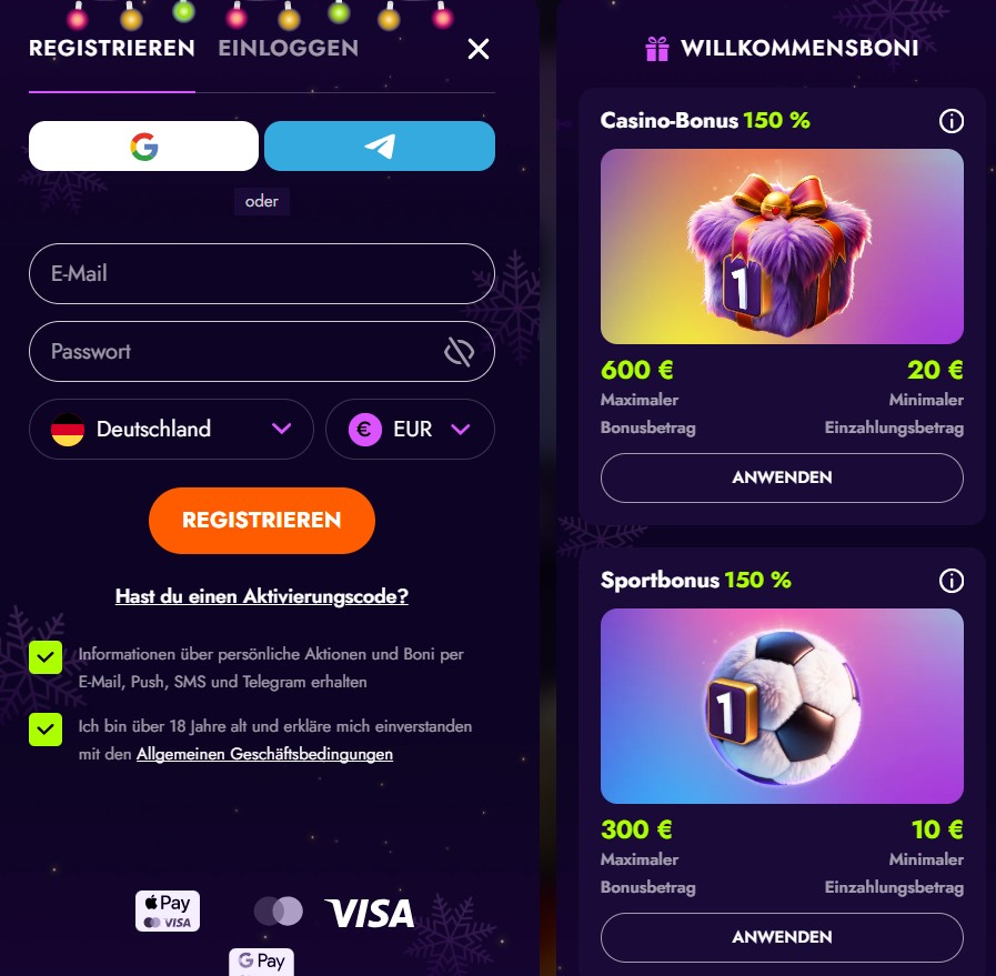 Irwin Casino Registrierung - Bonus Code eingeben